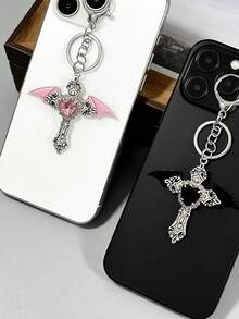 Y2K Gothic Angel Wings Cross Keychain With Rhinestone Heart, Vintage Dark Metal Bag Charm/Pendant, Suitable For Backpacks, Handbags And Car Key Accessories, Unisex Cosplay Party Accessory - Multicolor - View 1