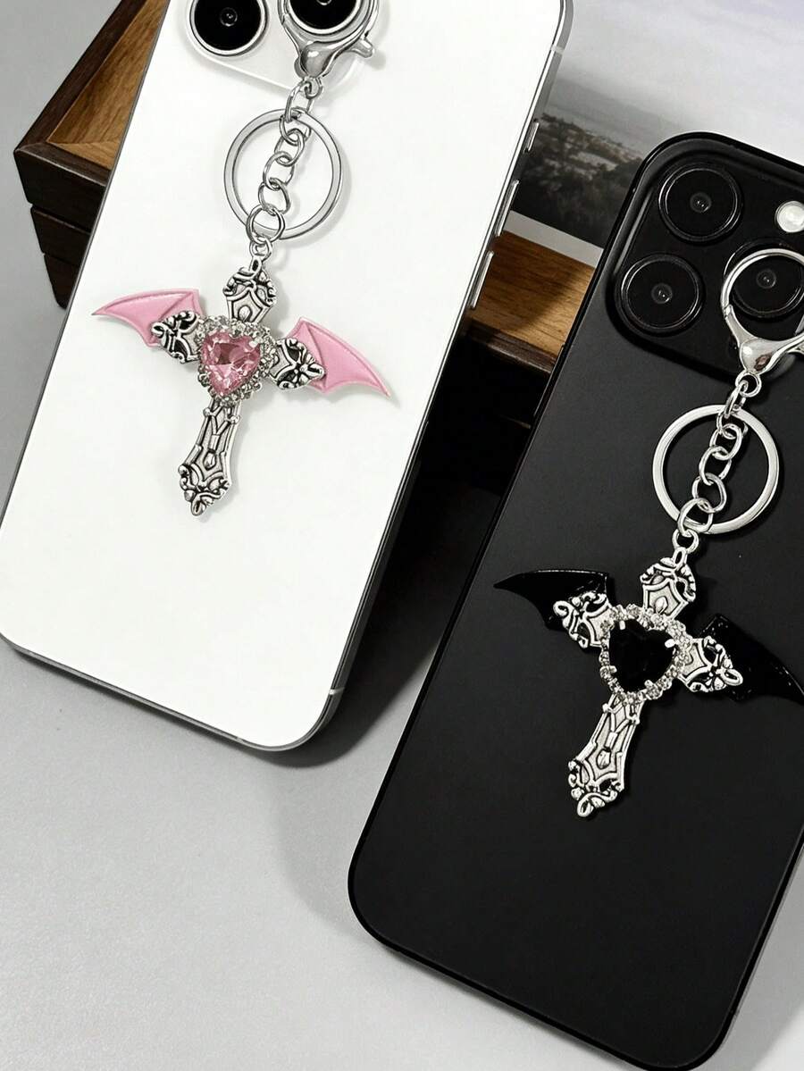 Y2K Gothic Angel Wings Cross Keychain With Rhinestone Heart, Vintage Dark Metal Bag Charm/Pendant, Suitable For Backpacks, Handbags And Car Key Accessories, Unisex Cosplay Party Accessory - Multicolor - View 1
