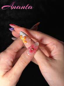 10pcs Almond Shaped Handmade Acrylic Press-On Nails, Premium French Cat Eye Tie Dye Hand-Painted Asymmetrical Line Colorful Nail Tips, With Tool Kit, Suitable For Party, Wedding, Daily Wear, For Girls And Women - Multicolor - View 4