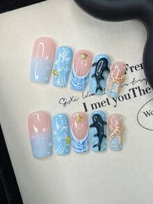10pcs/Set Y2K Nails Handmade, Pink Nails, Blue Nails, 3D Whale Nails & 3D Starfish Nails, Cute Nails, Perfect For Parties & Daily Wear. Short Square Nails. Handmade Press On Nails Square, Handmade Fake Nails, Acrylic Nails, Short Nails, Summer Nails - Multicolor - View 1