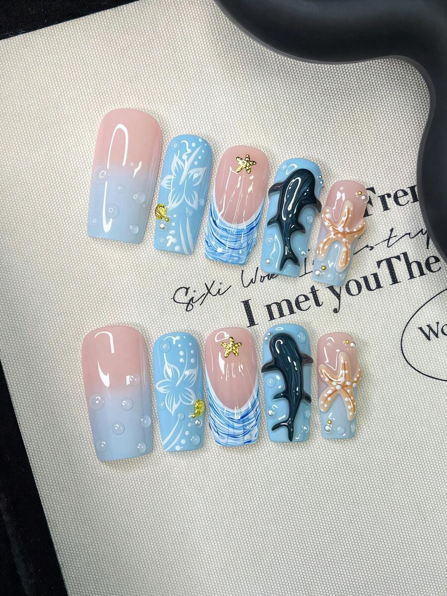10pcs/Set Y2K Nails Handmade, Pink Nails, Blue Nails, 3D Whale Nails & 3D Starfish Nails, Cute Nails, Perfect For Parties & Daily Wear. Short Square Nails. Handmade Press On Nails Square, Handmade Fake Nails, Acrylic Nails, Short Nails, Summer Nails - Multicolor - View 1