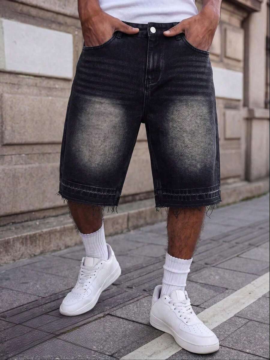 Mud Yellow Washed Straight-Leg Cropped Jeans, With Frayed Hem Design, Featuring Distressed And Faded Effect, Vintage Casual Shorts - Black - View 1