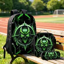 3Pcs Green Cyber Mecha Robot Print Backpack Combo, Waterproof Large Capacity Student School Bag + Insulated Lunch Tote Bag + Pencil Pouch, Lightweight - Multicolor - View 5