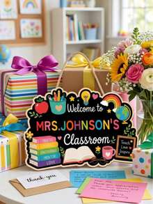 Customized Name Teacher Classroom Wooden Sign, Colorful Apple Rainbow Welcome Door Hanging Decor, Kindergarten/Elementary School Classroom Decoration, Teacher Appreciation Gift, Back To School Season, School Supplies, Personalized Gift, Teacher's Day Gift, Middle School Students - Multicolor - View 5