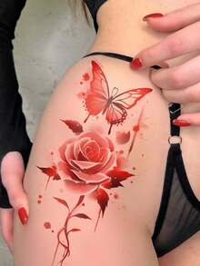 1 Sheet Red Flower And Butterfly Patterns Body Art Temporary Tattoo Sticker, Suitable For Men And Women, Lasting 2-5 Days, Suitable For Use On Arms, Wrists, Shoulders, Legs, Neck, Hands, Chest, Thighs, Fingers, Ankles, Suitable For Parties, Gifts - Red - View 6
