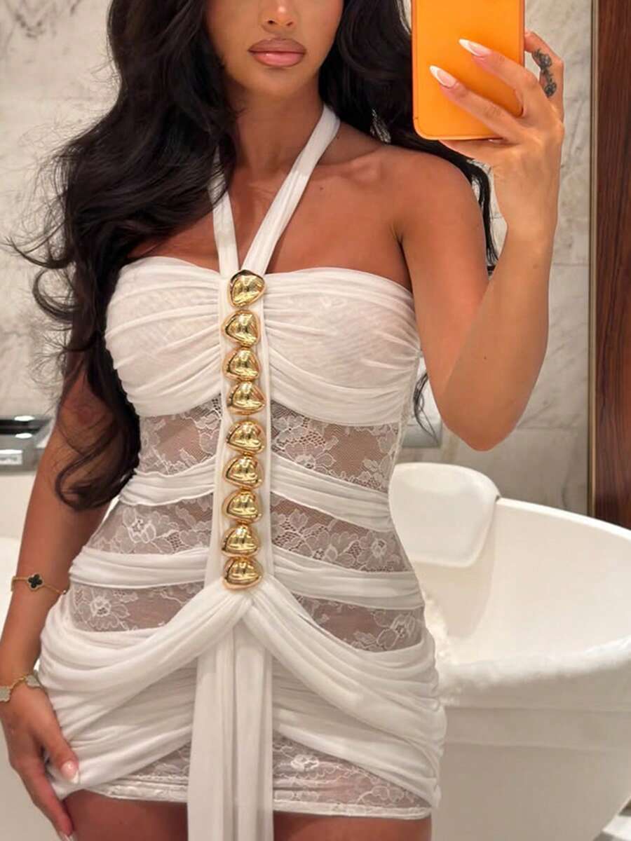 DOUCIU Sheer See Through Ribbon Halter Backless Sexy Dress Night Club Style - White - View 1