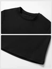 MFVIM Women's Solid Color Round Neck 2-Piece Set Slim Fit Yoga Outfit Short Sleeve Top High-Intensity Tight Versatile Outdoor Running Sports Fitness Wear - Black - View 11