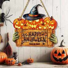 قطعة واحدة من ديكور الحائط الخشبي "Happy Halloween" بتصميم اليقطين المخيف؛ مناسب لديكور الهالوين في غرف المعيشة والنوم والحمامات، وكذلك للحفلات والإعدادات الداخلية/الخارجية. - متعدد الألوان - مشاهدة 2