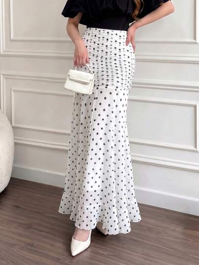 Women's Summer White With Black Polka Dot Chiffon Long Mermaid Skirt, Elegant Vintage Daily Commute Date