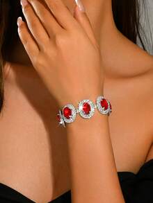 1 pieza Pulsera de cadena con strass rojo ovalado, accesorio para boda de verano, banquete, baile y aniversario - Rojo - Ver 5