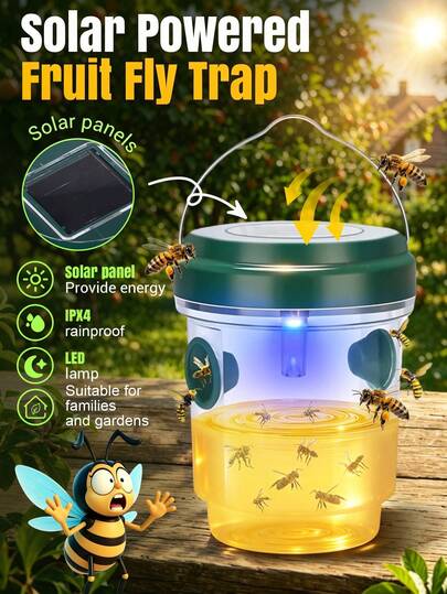 Wasp Trap, Solar Powered Outdoor Hanging Wasp Catcher, Reusable Yellow Clip Wasp Trap With LED Light, Suitable For Garden, Patio, Orchard And Camping Carpenter Bee Trap, Honeycomb Trap Solar Powered Bee Catcher Reusable Flying Insect Catcher Outdoor Hanging Bee Killer With UV LED Light Flying Insect Bee Killer Suitable For Indoor Outdoor Yard Garden Home