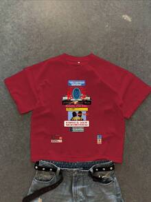 男士新款時尚嘻哈印花T恤 - 紅色 - 查看 1