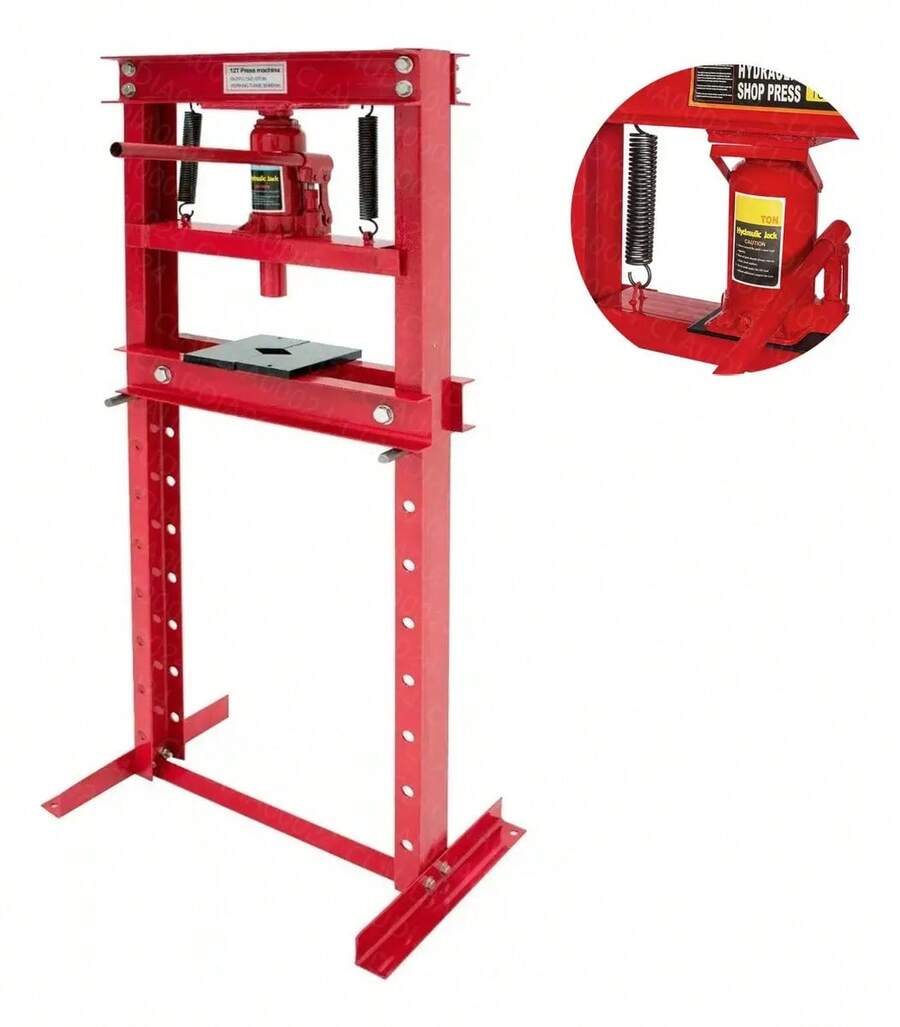 Prensa Hidraulica 12t Gato Hidraulico Industrial Rojo,Prenas de Rodamiento de Marco en H y Junta en U,Estructura de Acero Reforzado con Gato Central y Niveles Ajustables para Taller Mecánico - Rojo - Ver 1