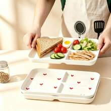 1pc 10in Cute Heart/Dots Pattern Ceramic Divided Plate, Large Rectangle 3 Compartment Portion Control Plates For Encourage Healthy Eating, Bariatric Dinner Plates For Balanced Meal Diet, Microwave Dishwasher Oven - Multicolor - View 8