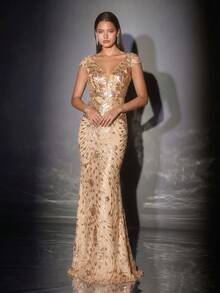 XUIBOL Spring/Summer Women's High-Quality Elastic Sequin V-Neck Cap Sleeve Mermaid Hem Design Solid Color Elegant Luxury Long Dress, Showcasing Feminine Youthful Charm, Suitable For Various Parties, Graduation Ceremonies, Weddings, Events, Banquets And Balls (Luxury Edition) - 金色 - 查看 6