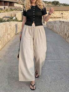 Dripcurv Women Plus Size Summer Apricot Casual Fashion Long Pants, Holiday & Leisure Style,Beach Outfit For Women,Tops For Going Out,Vacation Outfits Women - Apricot - View 2
