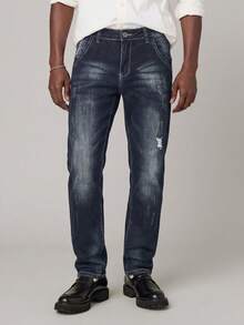 Men's Dark Wash Distressed Slim Fit Tapered Leg Jeans, Skinny Ankle Jeans - Blue Black - View 1