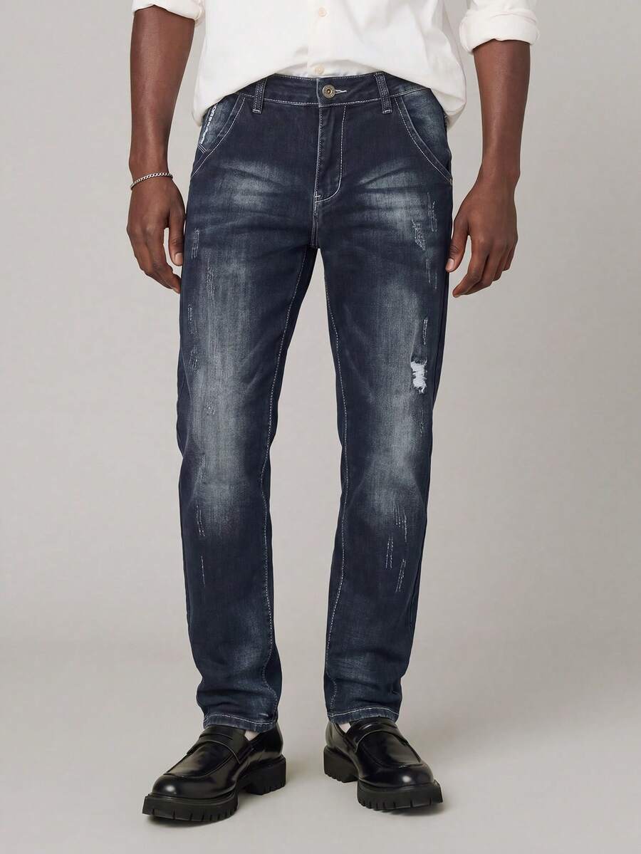 Men's Dark Wash Distressed Slim Fit Tapered Leg Jeans, Skinny Ankle Jeans - Blue Black - View 1