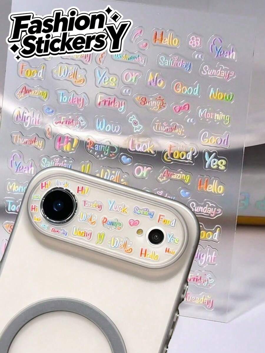 1 Stück Stück Macaron bunter englischer geprägter Text Aufkleber, tägliche Grüße & Glückwünsche Sprechblasen Schriftart selbstklebender Aufkleber, frisch & energiegeladen, geeignet für Handyobjektiv, Kopfhörerhülle, Wasserbecher, geprägt wasserfest verschleißfest nicht verblassend, digitale Schreibwaren erfrischender süßer Stil dekoratives Accessoire - 1 Stück FEB-766 - Übersicht 1