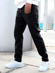 Jeans de corte slim con cremallera y unicolor para hombre - Negro - Ver 3