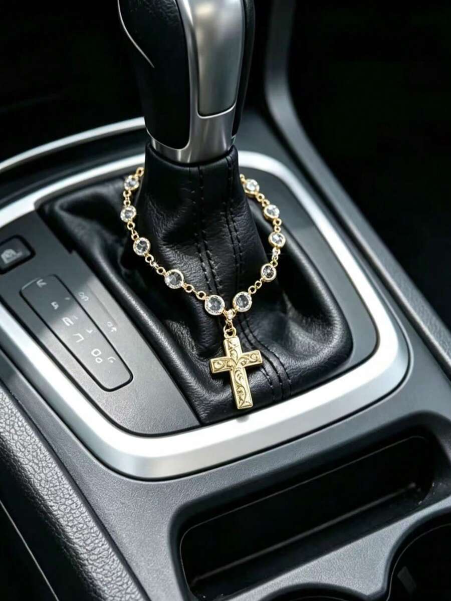 1pc Alloy Cross Crystal Chain Car Steering Wheel Decor Gear Shift Decor Car Hanging Decoration Accessory - A - View 1