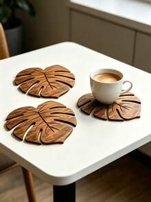 1/4/6pcs Monstera Leaf Natural Wooden Coaster Set, Heat-Insulating Coaster, Anti-Burn Table Mat, Plate Coaster, Beverage Coaster, Non-Slip Table Mat, Best Choice For Christmas, Perfect Gift For Thanksgiving - Multicolor - View 7