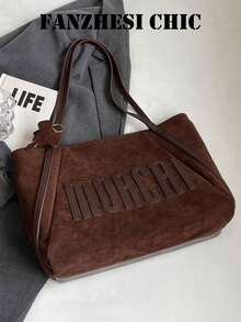 Fashion Solid Shoulder Bag Contrast Leather Letter Applique Detachable Elephant Soft Slouchy Tote Bag For Ladies Daily Workplace Use Large Capacity - Coffee - View 4
