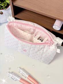 Cute Lace Pencil Case, Korean Style Pink Plaid Polka Dot Pencil Bag With Bow And Heart Decoration, Aesthetic Back To School Stati, First Day Of School - Multicolor - View 3