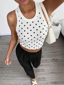 Mystra Summer Minimalist Retro Solid Color Ribbed Versatile Premium Casual U-Neck Tank Top - Black and White Dots - View 7