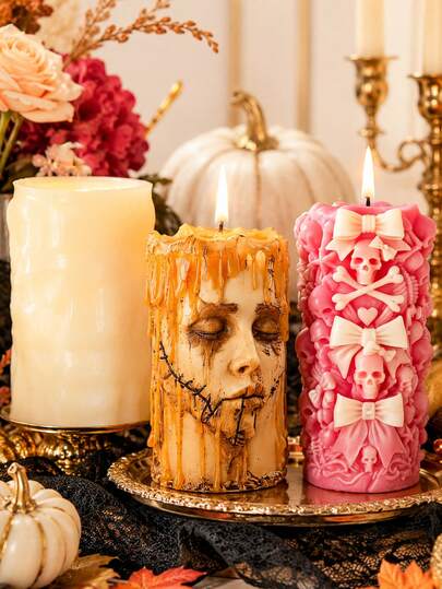 2 Gothic Style Cylindrical Silicone Candle Molds, Textured Plain Pillar, Dripping Tear Stitch Face, Bow-Allover Print Skull Bone Relief Pillar Mold, Easy Release Reusable Silicone Mold Suitable For Aromatherapy Candles, Gypsum, Clay, Cement, Resin Casting, Halloween Home Decor, Dark Style Holiday Handmade Gift Making Mold
