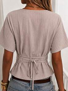 Women's Boat Neck Waist-Cinching Tie-Up Drop Shoulder Flared Sleeve Short Sleeve Blouse, Textured Crinkled Fabric, Casual Streetwear, Daily Commute Elegant Top, Fashionable Outfit - Apricot - View 2