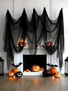 1pc Black Tulle Curtain, Suitable For Haunted House, Nightclub And Escape Room Decoration, Polyester Fabric, Halloween Decoration, Home And Garage Storage Organization - Multiple Styles - View 1