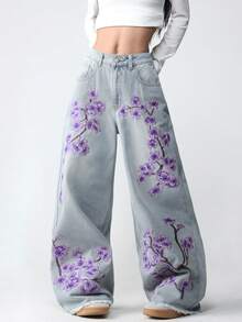 1pc American Street Style Women's Embroidered Loose Casual Wide Leg Jeans Long Pants Fashion All Season Fall - Mauve Purple - View 1