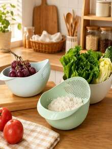 Vegetable Washing & Draining Basket, Creative Plastic Handle Strainer, Practical Multi-Functional Kitchen Tool. Product Features: Large Capacity Streamlined Design, Fast Draining & Storage - Multicolor - View 11