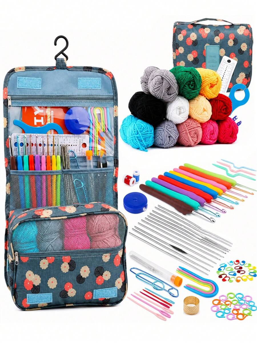 58pcs/130pcs Crochet Knitting Set, DIY Crochet Knitting Beginner Tool Kit, Includes Portable Storage Bag, Crochet Tools And Yarn - Suitable For Beginners, Can Crochet Pet Clothes, Socks, Gloves, Scarves, Hats, Flowers, Bags, Pockets, Gifts, Decorative Accessories (Random Color Yarn And Crochet Hooks) - Multicolor - View 1