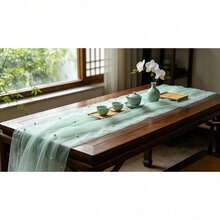 Premium Hand-Stitched Pearl Mesh Table Runner Mint Green Sheer Tulle Tablecloth Overlay For Outdoor Wedding Baby Shower Birthday Tea Party Home Decor - Mint Green - View 2