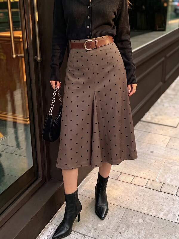 minisummer Women Elegant Fall Dusty Purple Polka Dot Midi Skirt, High Waist Flared Hem Casual Mid‑Length Skirt