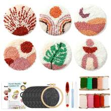 6pcs Adult Beginner Punch Needle Coaster Material Kit | Landscape Pattern Punch Embroidery Set, Includes Yarn, Embroidery Hoop, Needle Threader, Felt Fabric, Tutorial; DIY Coaster Handmade Material, Suitable For Home Decor, Gift Making - One Size Fits All - View 1