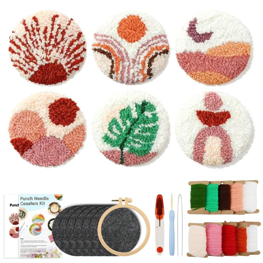 6pcs Adult Beginner Punch Needle Coaster Material Kit | Landscape Pattern Punch Embroidery Set, Includes Yarn, Embroidery Hoop, Needle Threader, Felt Fabric, Tutorial; DIY Coaster Handmade Material, Suitable For Home Decor, Gift Making - One Size Fits All - View 1