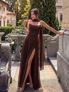 ADYCE Elegant Halter Tie Ribbon Sweetheart Neckline High Waist Pleated High Split Open Back Floor-Length Party Dress For Prom Birthday Party Evening - 咖啡棕 - 查看 5