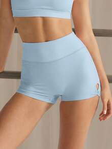 Women's Light Blue High Waist Side Slit Twist Knot Fitness Running Yoga Shorts, Side Hollow Cross V Waist Anti-Roll Up Fitness Riding Sports Summer - Baby Blue - View 6