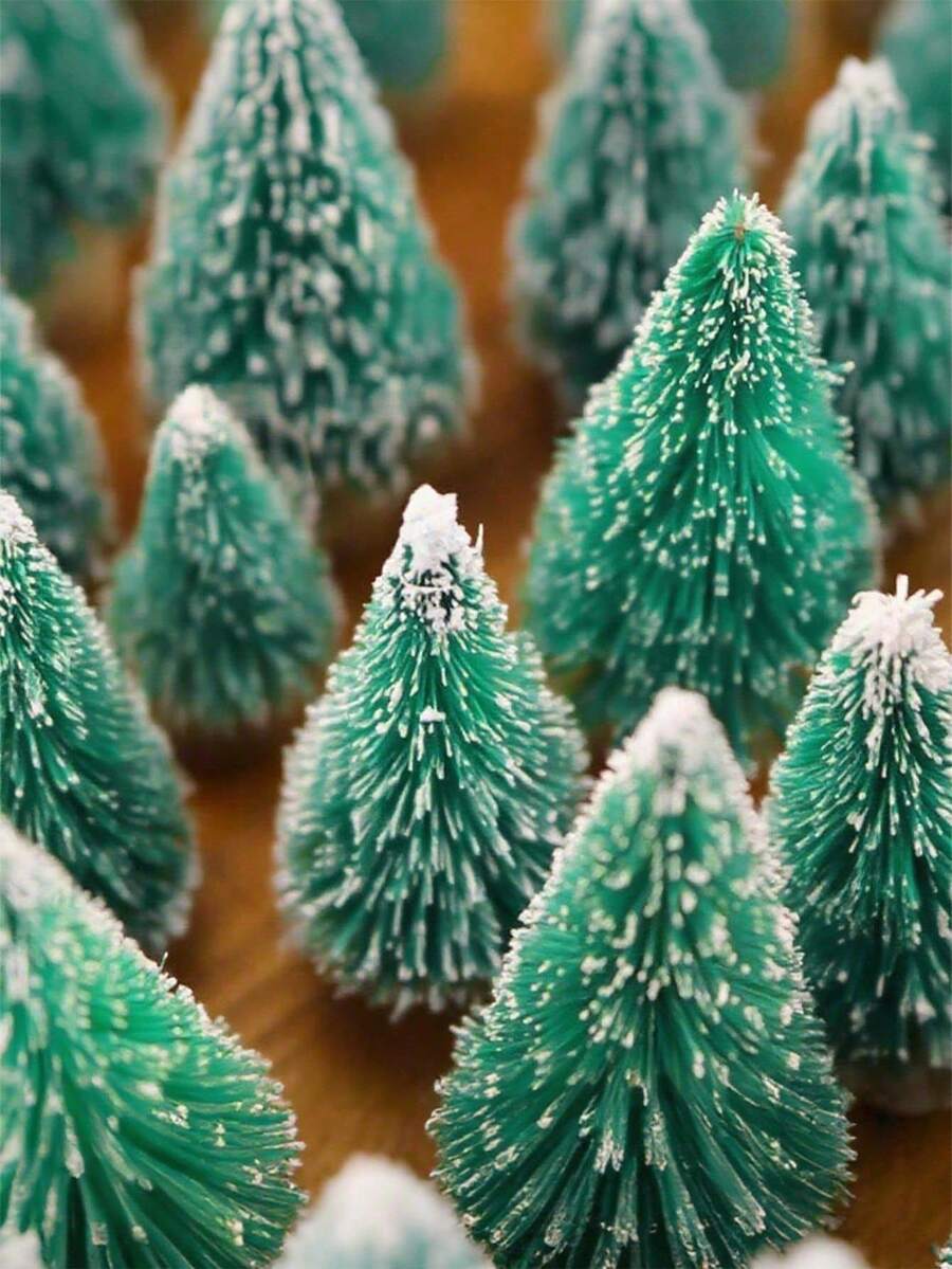 6pcs/1pc-Mini Bottle Brush Christmas Tree With Wooden Base, Christmas Decoration, Artificial Plastic Mini Tree Handmade Decor, Winter Snowy Scene Christmas Table Party Decoration (Green) - Green - View 1