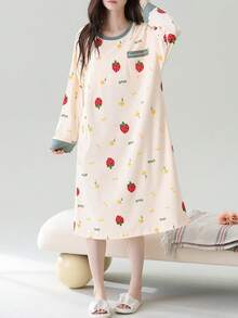 1 buah Baju Tidur Wanita, Baju Tidur Model Pullover Motif Buah, Leher Bulat, dengan Kantong, Lengan Panjang, Nyaman untuk Dipakai di Rumah - Sampanye - View 3