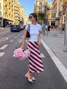 Women's Early Autumn Daily Vacation Casual Commute Elegant Pink Striped Print Midi Skirt - Pink - View 4