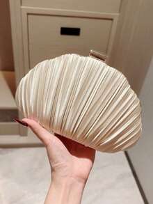 女款貝殼造型手拿包，純色壓褶緞面，金屬框架，口紅鎖扣，迷你正式優雅晚宴包，適合婚禮、派對與夜生活 - 米色 - 查看 4