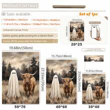 1pc Framed Canvas Wall Art, Vintage Country Style Highland Cow And Cute Ghost Wilderness Oil Painting Canvas Wall Decor, Low Saturation Atmospheric Autumn Forest Farmhouse Poster, Hot-Selling Home Decor Wall Hanging, Suitable For Modern Home Decoration - Ghost - View 3