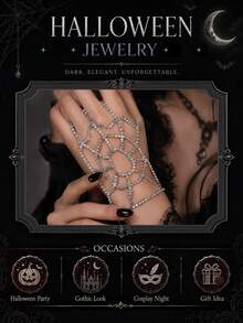 1 pieza Cadena de mano con telaraña de strass completa, anillo de mano conectado con telaraña de strass hueca, accesorio de mano estilo gótico punk de terror de Halloween para fiesta y cosplay de mujer - diamantes de imitación - View 4