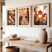 3 piezas de arte de pared en lienzo de tonos cálidos y neutros de otoño, impresiones de paisaje otoñal con café de París, puente de madera, corazón y hoja de arce, decoración acogedora estilo cottagecore para sala de estar, dormitorio, cocina, dormitorio universitario, pasillo, decoración vintage de otoño para el hogar, pósteres, sin marco - 840 - Ver 5