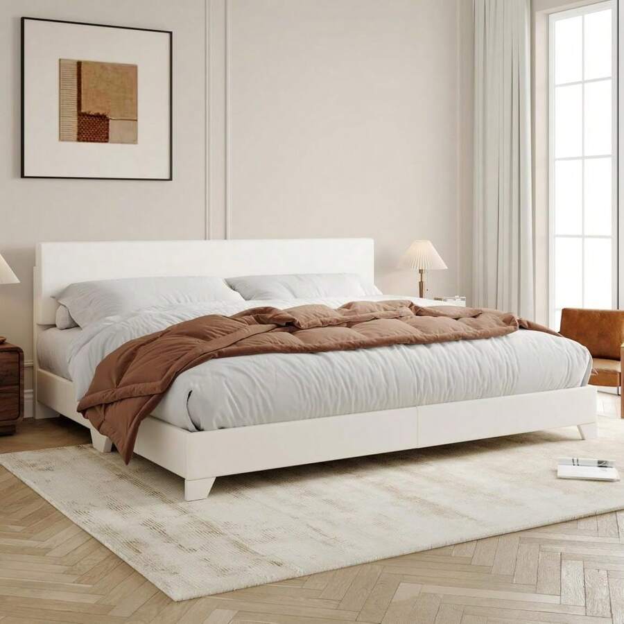 Cama Plataforma Tapizada King/Queen/Full, Cabecero Acolchado Ajustable en Altura, Estructura Metálica Reforzada con Listones de Madera, Fácil Montaje sin Base, Silenciosa y Antirruido - Ribete negro, blanco roto - Ver 1