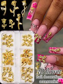 6-Grid 36pcs Luxury Metal Tulip & Rose Nail Art Charms, DIY Press-On Nail Accessories, Korean & Japanese Fashion Versatile Metal 3D Nail Decor, Y2K Vintage Floral Nail Art Charms - Gold - View 1